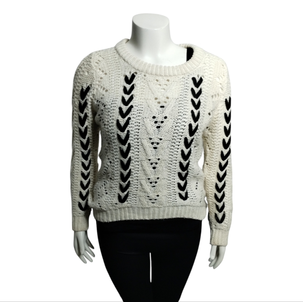 Alya Oversized Chunky Crochet Cable Knit Ivory Crew Sweater Lace Detail Women‎ S - Picture 3 of 7